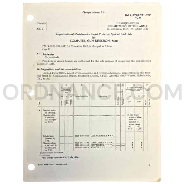 Technical Manual Change 2 (TM 9-1220-221-20P) for M18 Gun Direction Computer October 1965