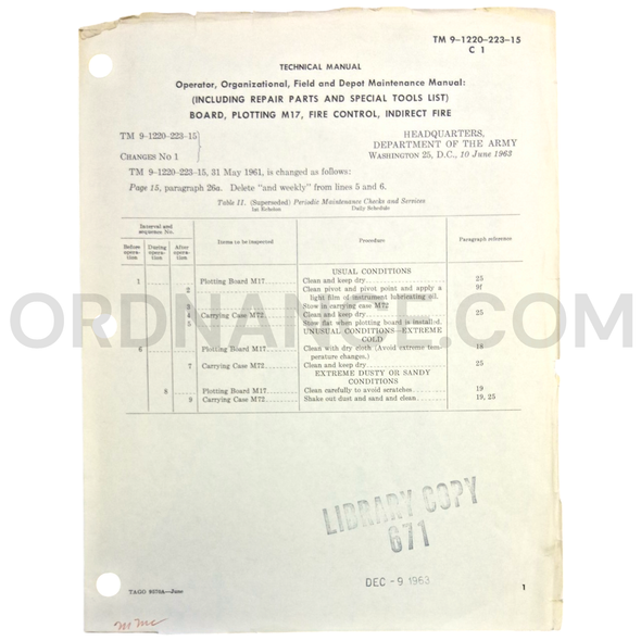 Technical Manual Change 1 (TM 9-1220-223-15) for M17 Indirect Fire Plotting Board June 1963