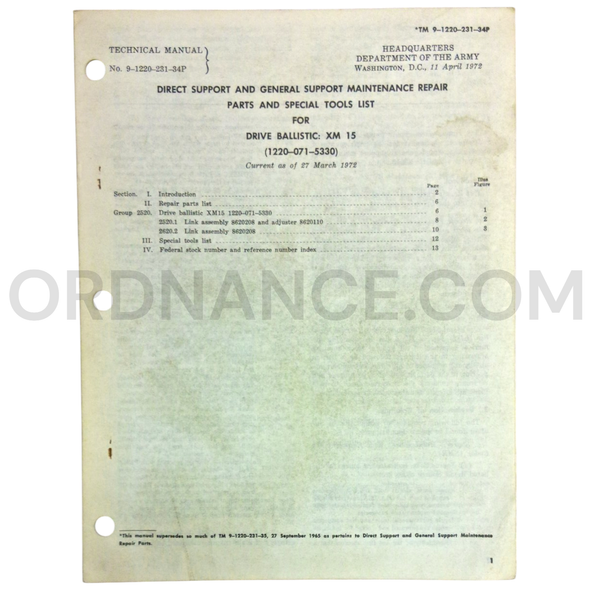 Technical Manual (TM 9-1220-231-34P) for XM15 Ballistic Drive April 1972 FSN 1220-071-5330