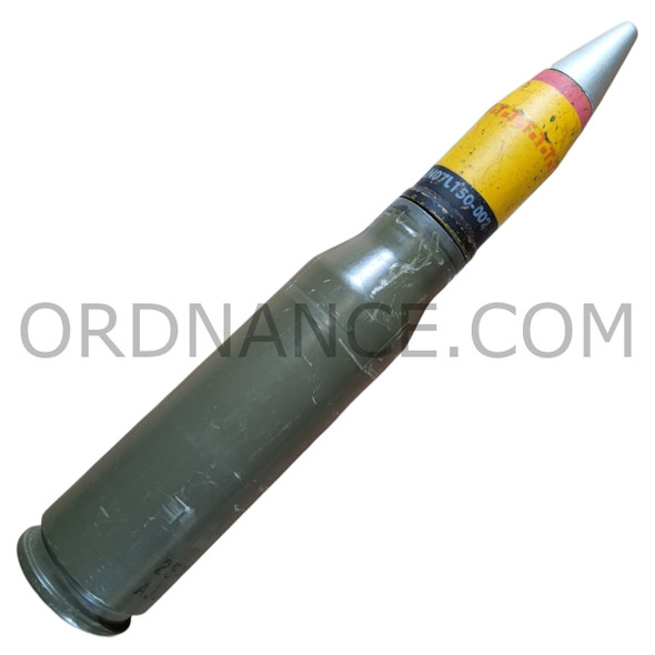 25mm Bushmaster PGU-32/US Semi Armor Piercing High Explosive Incendiary Tracer round with fired case poor condition projectile