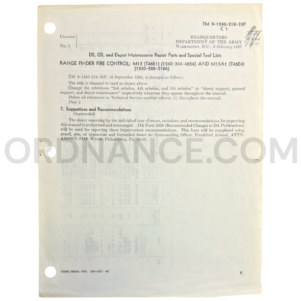 Technical Manual Change 1 (TM 9-1240-218-35P) for M13/T45E1 and M13A1/T46E4 Range Finders February 1967 FSN 1240-344-4654