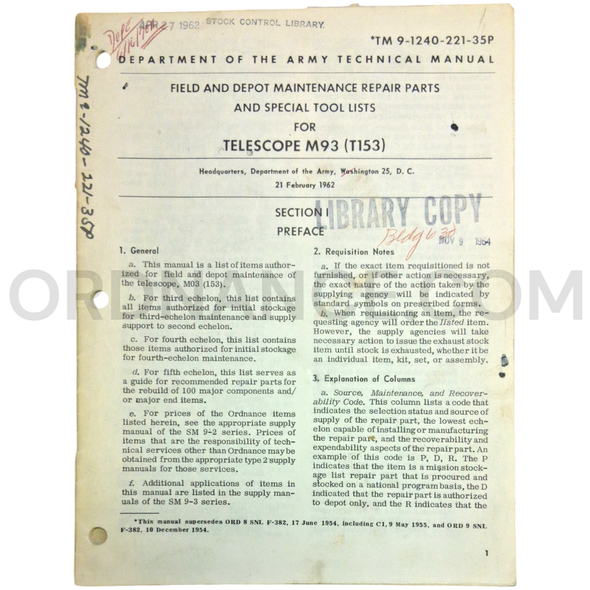 Technical Manual (TM 9-1240-221-35P) for M93 (T153) Telescope February 1962