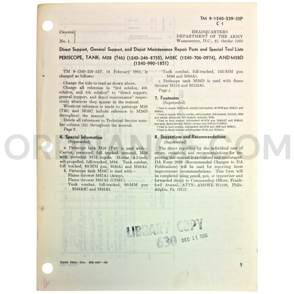 Technical Manual Change 1 (TM 9-1240-239-35P) for M28/T46, M28C, and M28D Tank Periscopes October 1966 FSN 1240-346-8735
