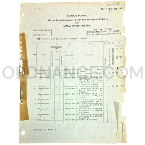 Technical Manual Change 1 (TM 9-1240-245-35P) for M15/T52 Range Finder January 1961