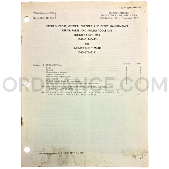 Technical Manual (TM 9-1240-248-35P) for M44 and M44C Infinity Sights January 1970 FSN 1240-611-6492