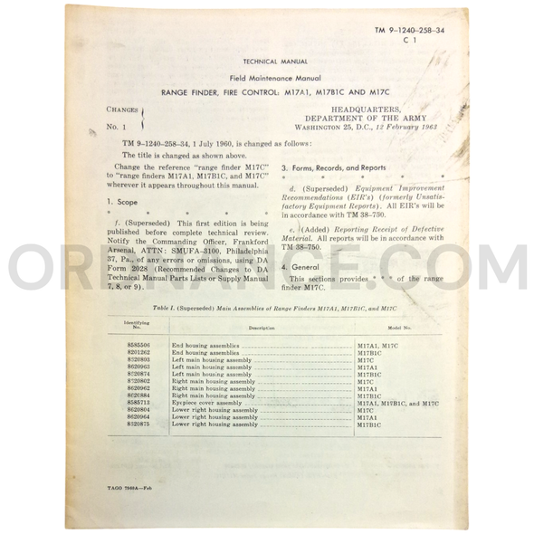 Technical Manual Change 1 (TM 9-1240-258-34) for M17A1, M17B1C, and M17C Fire Control Range Finders February 1963