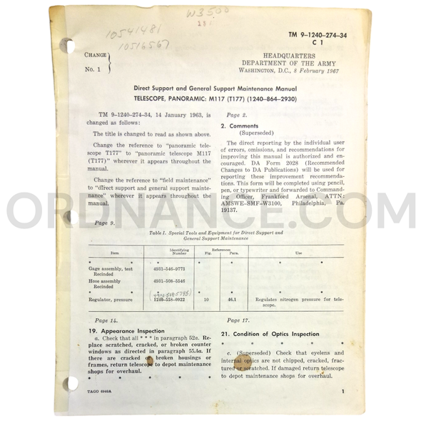 Technical Manual Change 1 (TM 9-1240-274-34) for M117/T177 Panoramic Telescope February 1967 FSN 1240-864-2930