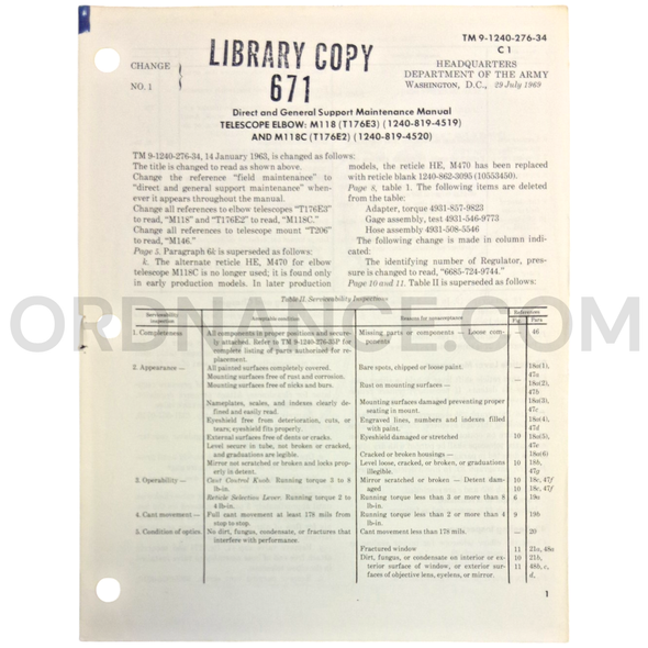 Technical Manual Change 1 (TM 9-1240-276-34) for T176E2 and T176E3 Elbow Telescopes January 1963