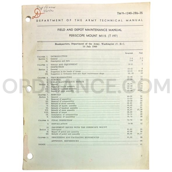 Technical Manual (TM 9-1240-286-35) for M115/T197 Periscope Mount July 1960
