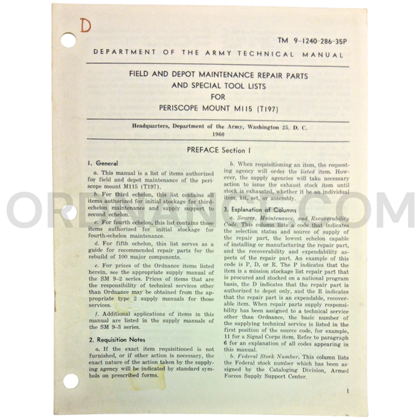 Technical Manual (TM 9-1240-286-35P) for M115/T197 Periscope Mount July 1960