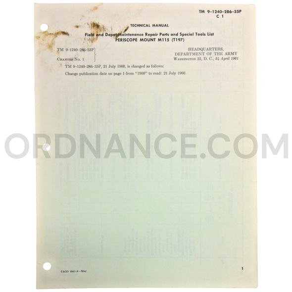 Technical Manual Change 1 (TM 9-1240-286-35P) for M115/T197 Periscope Mount April 1961