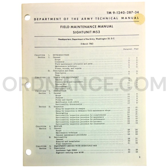 Technical Manual (TM 9-1240-287-34) for M53 Sight Unit March 1963