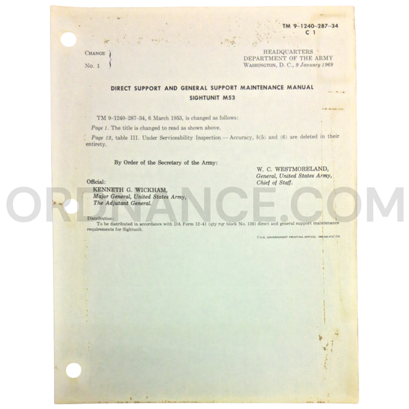 Technical Manual Change 1 (TM 9-1240-287-34) for M53 Sight Unit January 1969