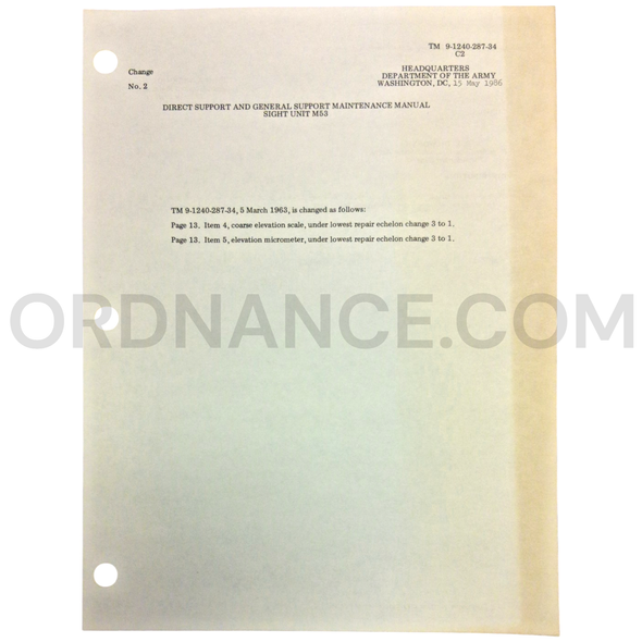 Technical Manual Change 2 (TM 9-1240-287-34) for M53 Sight Unit May 1986
