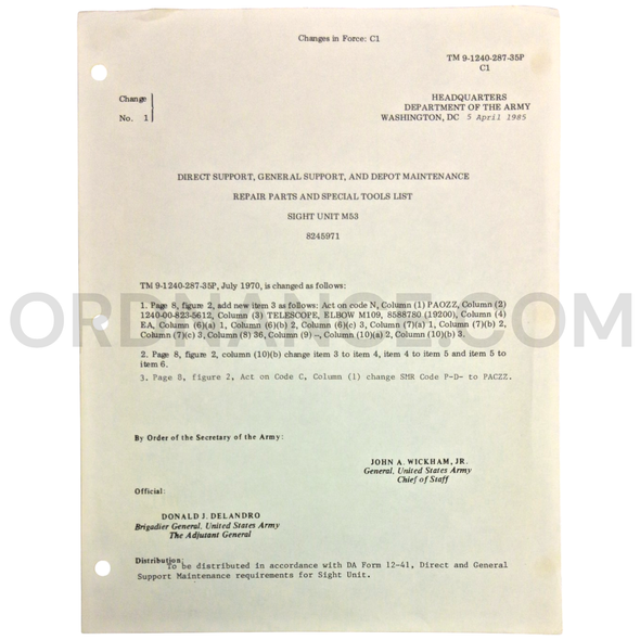 Technical Manual Change 1 (TM 9-1240-287-35P) for M53 Sight Unit April 1985
