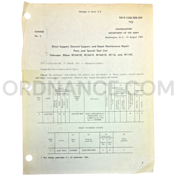 Technical Manual Change 2 (TM 9-1240-288-35P) for M16A1D, M16A1F, M16A1G, M116, and M116C Elbow Telescopes August 1967