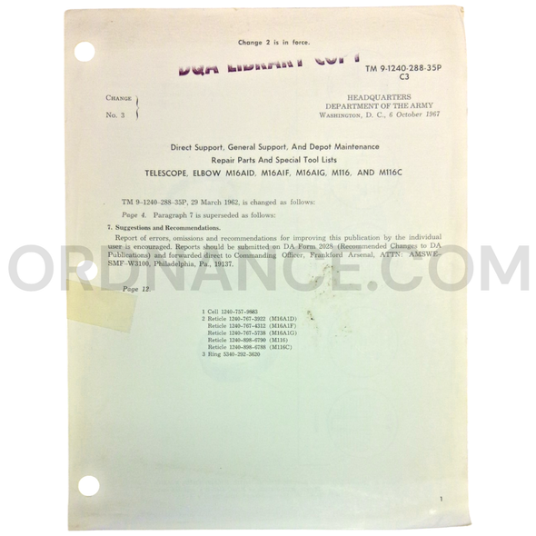Technical Manual Change 3 (TM 9-1240-288-35P) for M16A1D, M16A1F, M16A1G, M116, and M116C Elbow Telescopes October 1967
