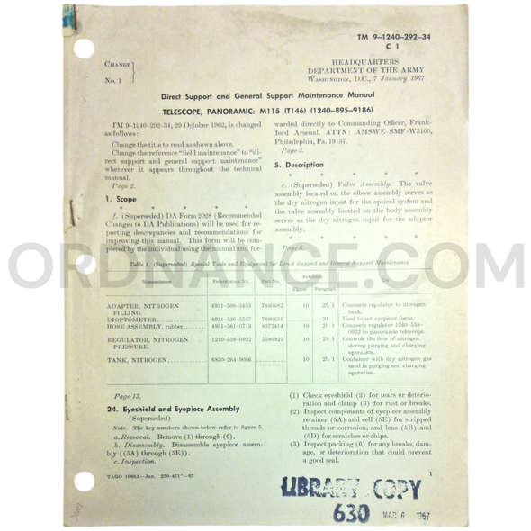 Technical Manual Change 1 (TM 9-1240-292-34) for M115/T146 Panoramic Telescope January 1967 FSN 1240-895-9186