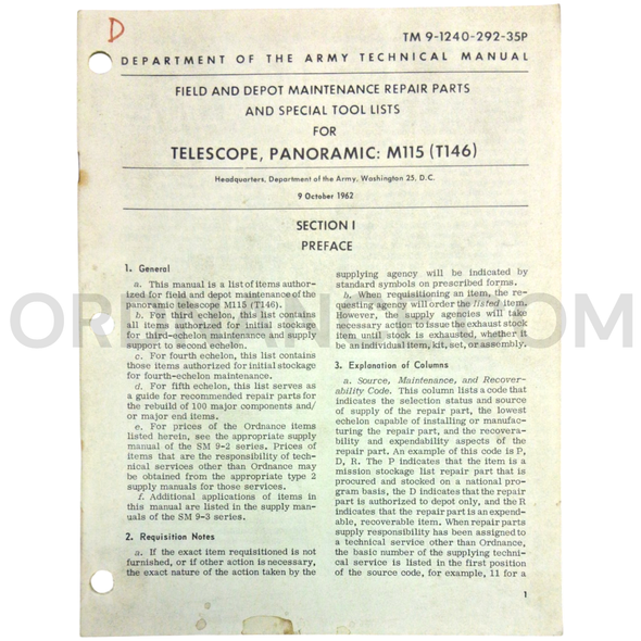 Technical Manual (TM 9-1240-292-35P) for M115/T146 Panoramic Telescope October 1962