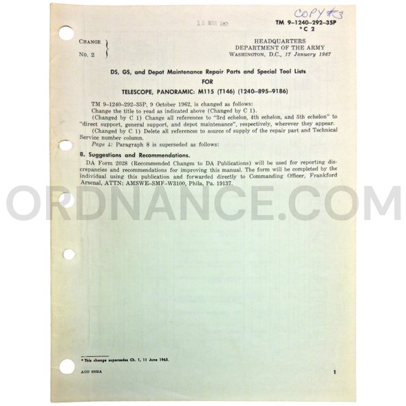 Technical Manual Change 2 (TM 9-1240-292-35P) for M115/T146 Panoramic Telescope January 1967 FSN 1240-895-9186
