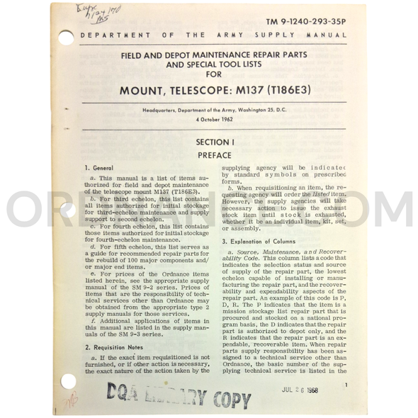 Technical Manual (TM 9-1240-293-35P) for M137/T186E3 Telescope Mount October 1962