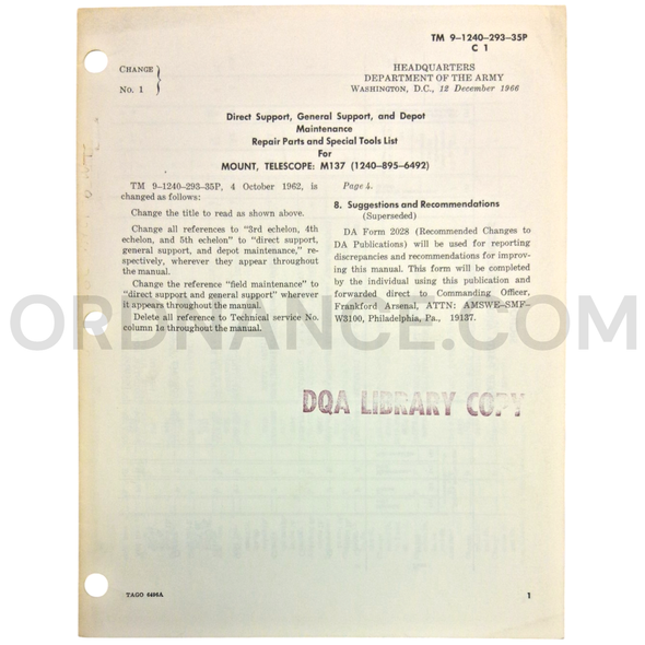 Technical Manual Change 1 (TM 9-1240-293-35P) for M137 Telescope Mount December 1966 FSN 1240-895-6492