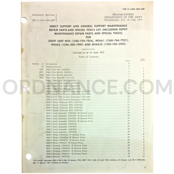 Technical Manual (TM 9-1240-298-34P) for M34, M34A1, M34A2, and M34A2C Sight Units July 1972 FSN 1240-759-7854