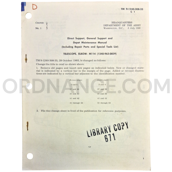 Technical Manual Change 1 (TM 9-1240-308-35) for M114 Elbow Telescope July 1969 FSN 1240-963-0839