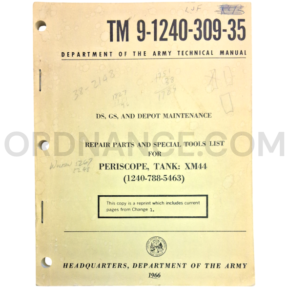 Technical Manual (TM 9-1240-309-35) for XM44 Tank Periscope May 1966 FSN 1240-788-5463