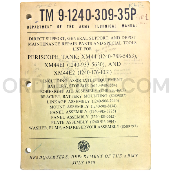 Technical Manual (TM 9-1240-309-35P) for XM44, XM44E1, and XM44E2 Tank Periscopes July 1970 FSN 1240-788-5463