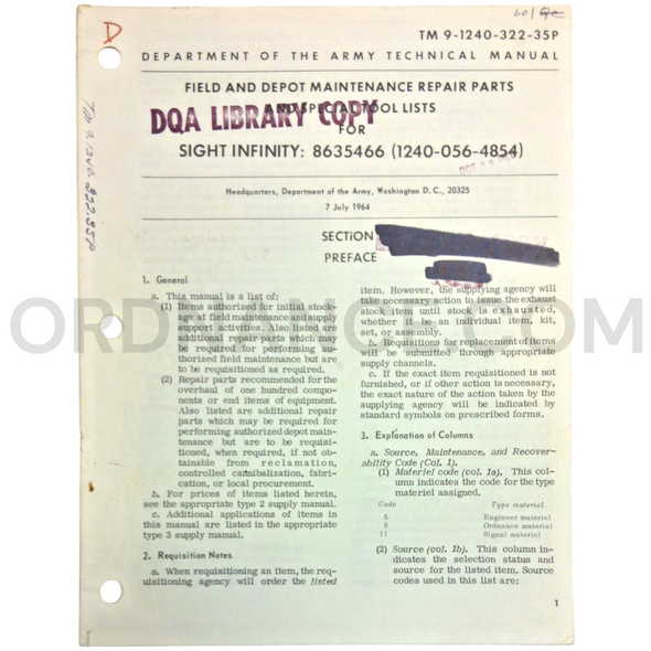 Technical Manual (TM 9-1240-322-35P) for Infinity Sight July 1964 FSN 1240-056-4854