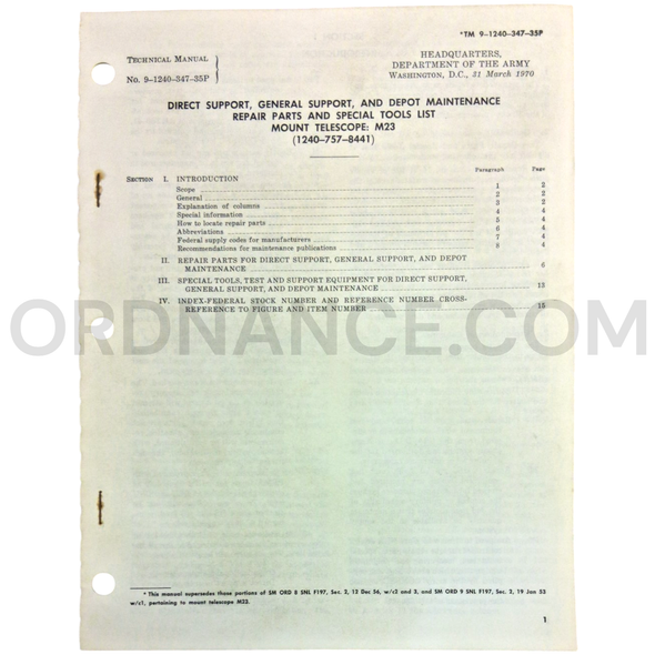 Technical Manual (TM 9-1240-347-35P) for M23 Telescope Mount March 1970 FSN 1240-757-8441