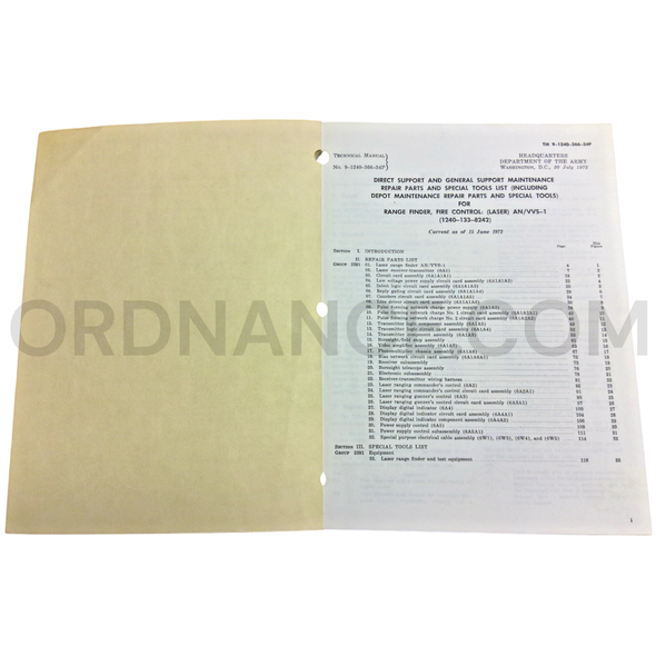 Technical Manual (TM 9-1240-366-34P) for AN/VVS-1 Fire Control Range Finder July 1972 FSN 1240-133-8242