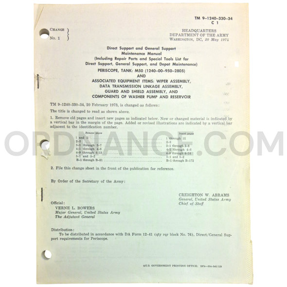 Technical Manual Change 1 (TM 9-1240-330-34) for M50 Tank Periscope May 1974 NSN 1240-00-950-2805