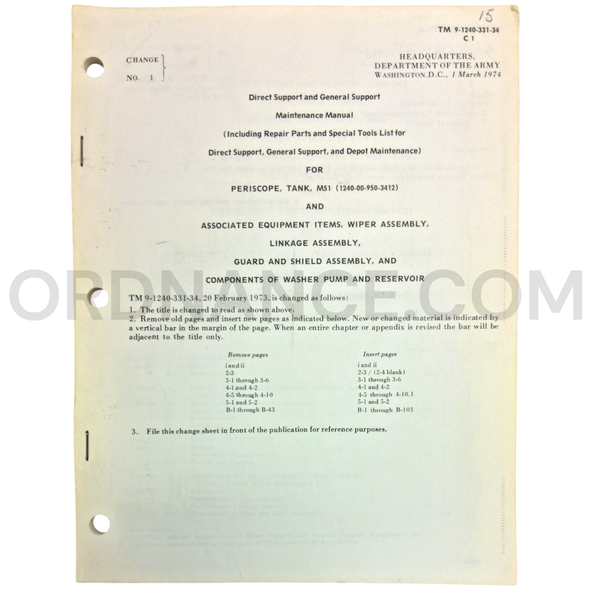 Technical Manual Change 1 (TM 9-1240-331-34) for M51 Tank Periscope March 1974 NSN 1240-00-950-3412