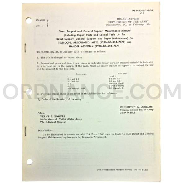Technical Manual Change 1 (TM 9-1240-332-34) for M126 Articulated Telescope and Hanger Assembly February 1974 NSN 1240-00-924-7670