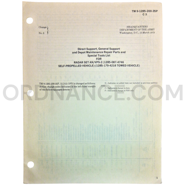 Technical Manual Change 3 (TM 9-1285-200-35P) for AN/VPS-2 Radar Set March 1973 FSN 1285-087-4746