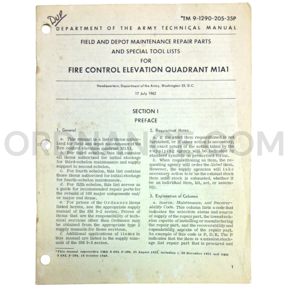 Technical Manual (TM 9-1290-205-35P) for M1A1 Fire Control Elevation Quadrant July 1962