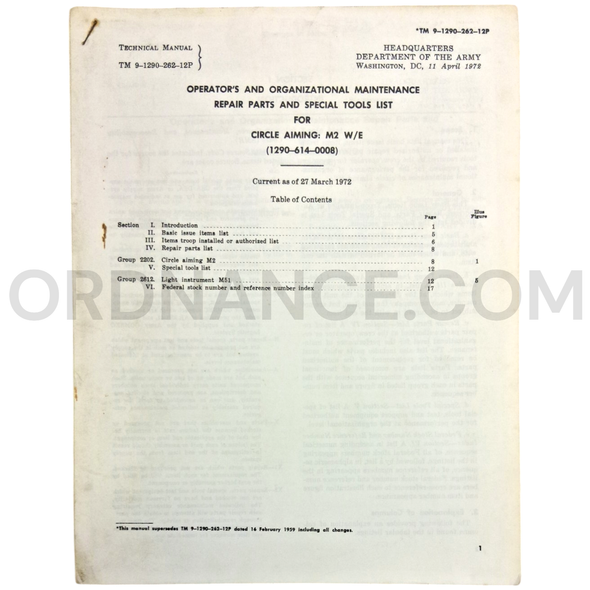 Technical Manual (TM 9-1290-262-12P) for M2 Aiming Circle April 1972 FSN 1290-614-0008