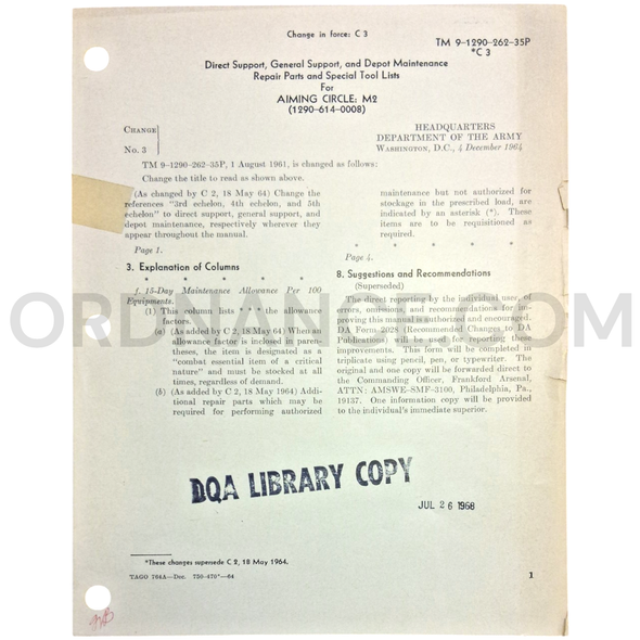 Technical Manual Change 3 (TM 9-1290-262-35P) for M2 Aiming Circle December 1964 FSN 1290-614-0008