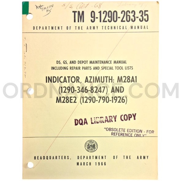 Technical Manual (TM 9-1290-263-35) for M28A1 and M28E2 Azimuth Indicators March 1966 FSN 1290-346-8247