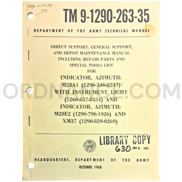 Technical Manual (TM 9-1290-263-35) for M28A1, M28E2, and XM37 Azimuth Indicators October 1968 FSN 1290-346-8247