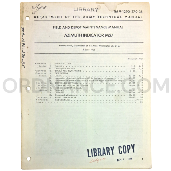 Technical Manual (TM 9-1290-270-35) for M27 Azimuth Indicator June 1961