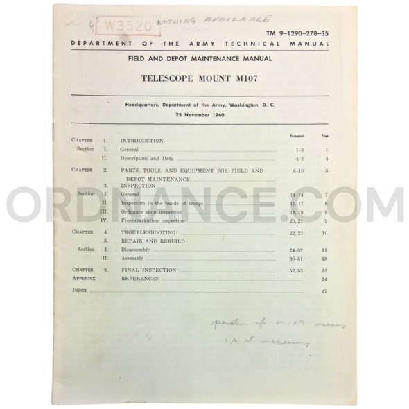 Technical Manual (TM 9-1290-278-35) for M107 Telescope Mount November 1960