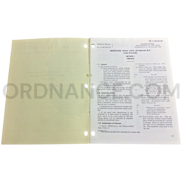 Technical Manual (TM 9-1290-326-35P) for AN/GSQ-64 Signal Data Reproducer November 1965 FSN 1290-973-2180