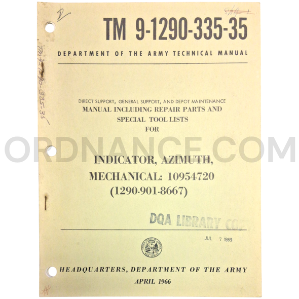Technical Manual (TM 9-1290-335-35) for M551 Sheridan Mechanical Azimuth Indicator 10954720 April 1966 FSN 1290-901-8667