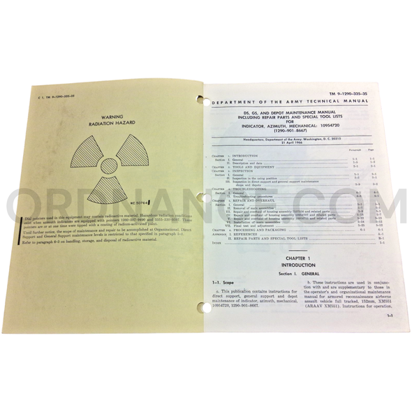 Technical Manual (TM 9-1290-335-35) for M551 Sheridan Mechanical Azimuth Indicator 10954720 April 1966 FSN 1290-901-8667