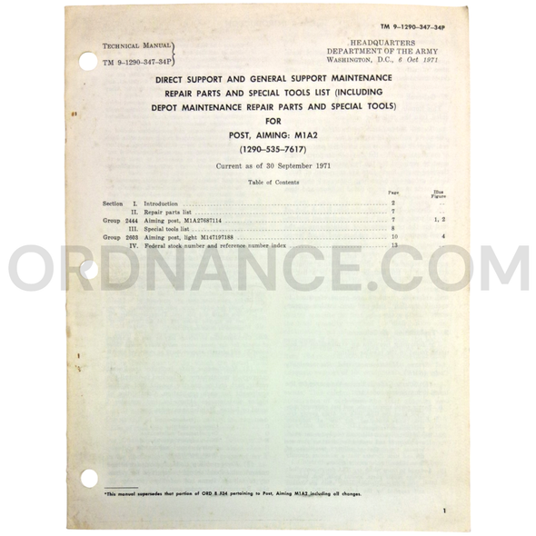 Technical Manual (TM 9-1290-347-34P) for M1A2 Aiming Post October 1971 FSN 1290-535-7617