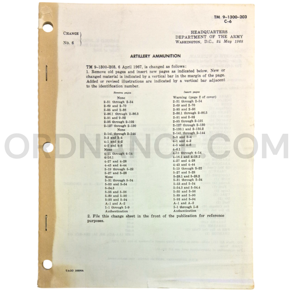 Technical Manual Change 6 (TM 9-1300-203) for Artillery Ammunition May 1968