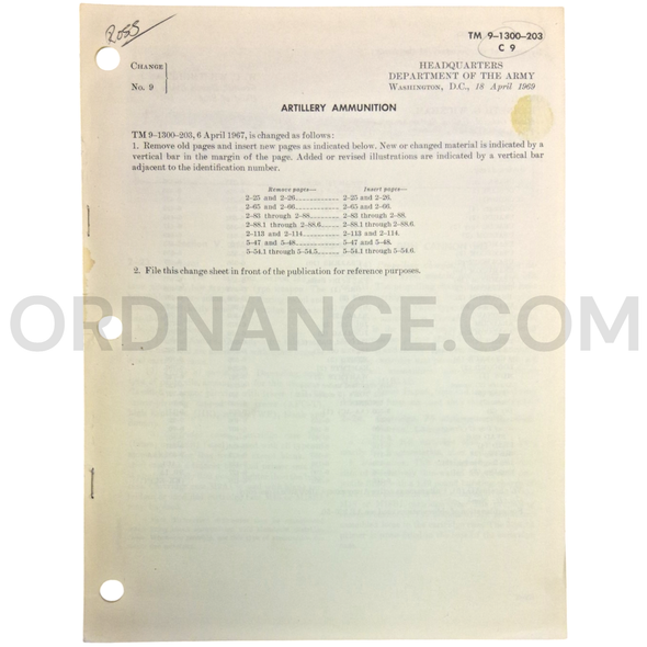 Technical Manual Change 9 (TM 9-1300-203) for Artillery Ammunition April 1969
